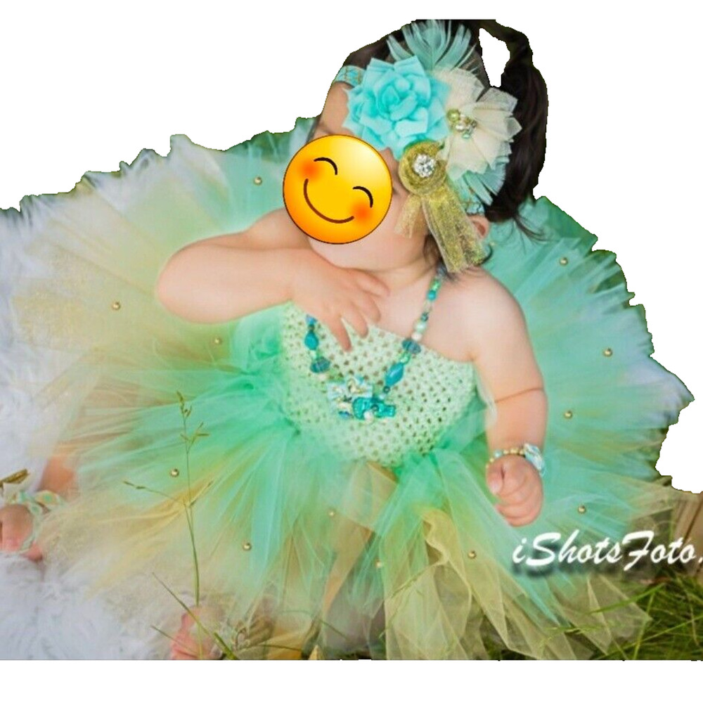 Smash cake green and gold tutu skirt with matching headband and tube top 12m
